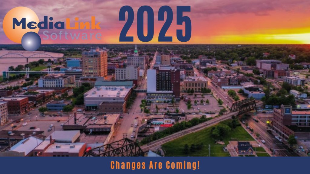 The skyline of the city of Davenport, Iowa at sunset, with the Media Link Software logo and the word 2025 in block letters.